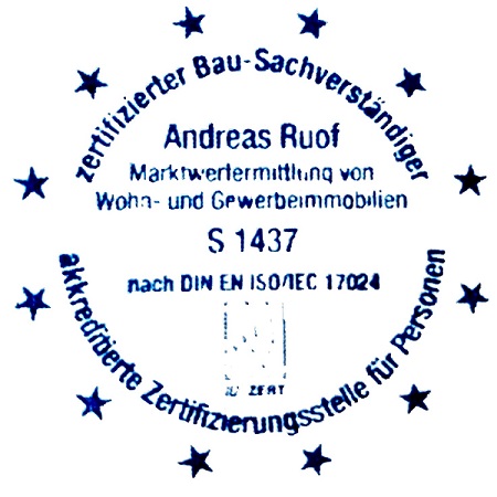 Zertifizierungsstempel für Andreas Ruof zum EU-zertifizierten Immobiliensachverständigen